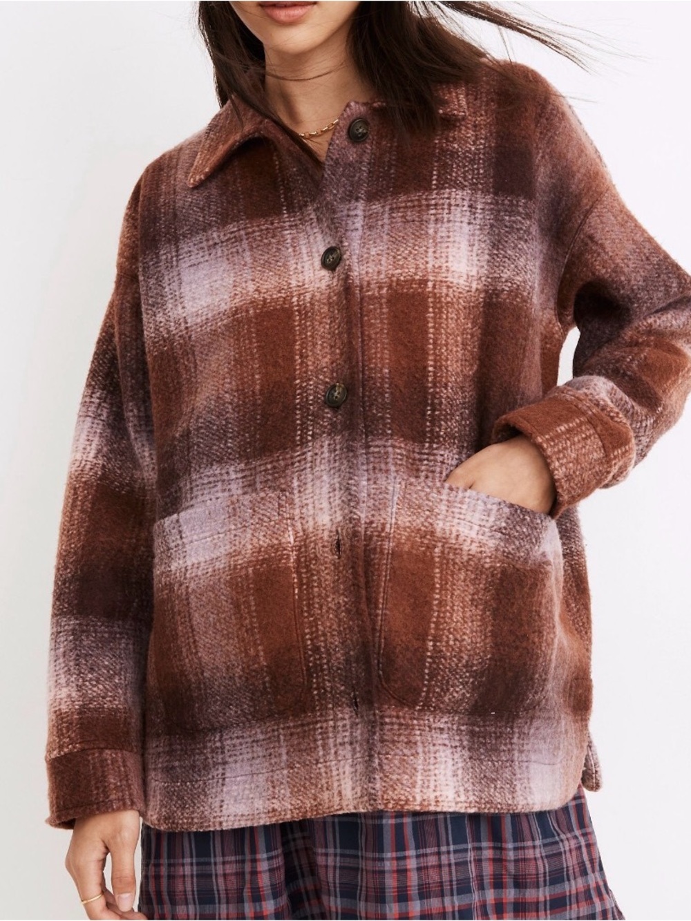 Madewell Rust Brown Plaid Teddy Shacket
